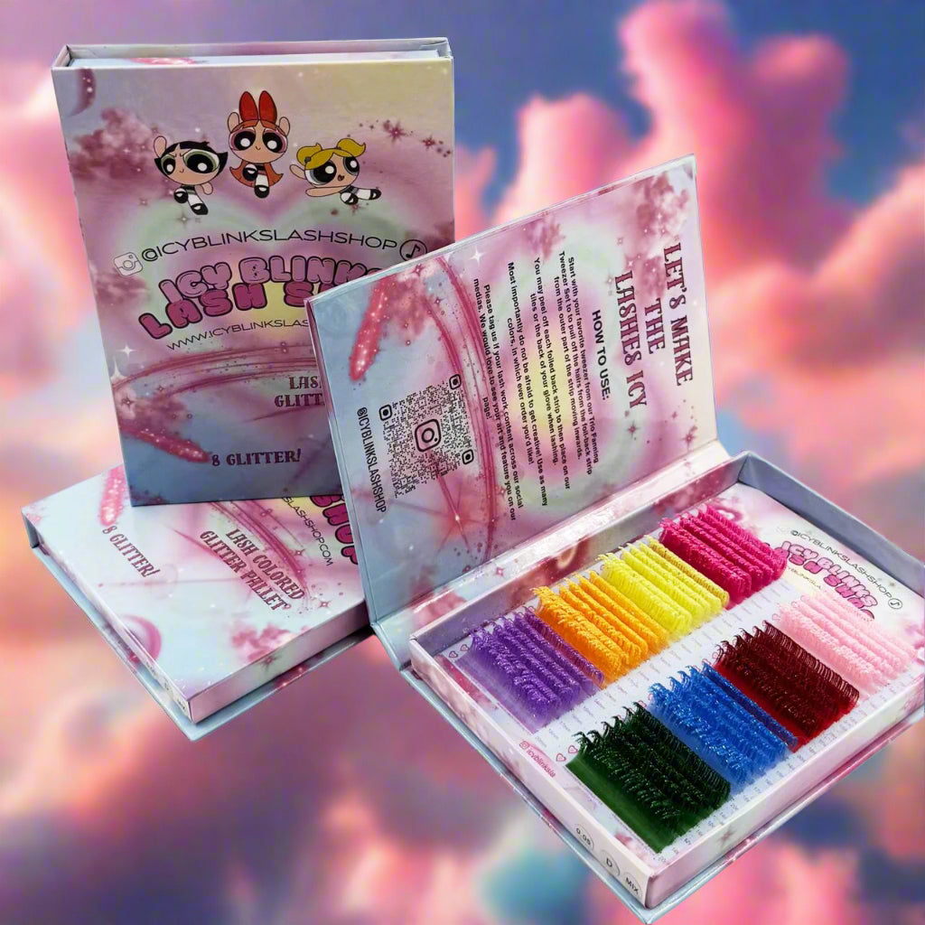 Colorful lash extension kit with open box displaying various colors on a white background