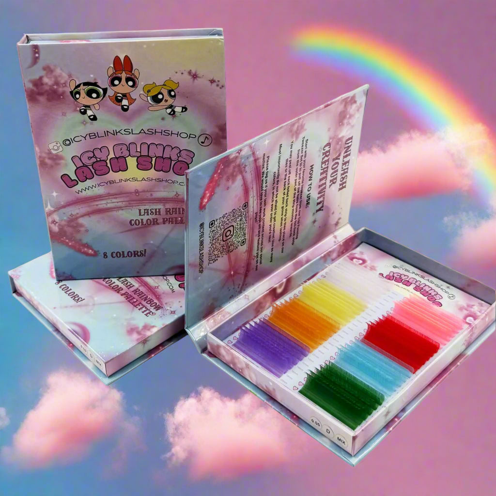 Colorful lash sample set with packaging featuring cartoon characters