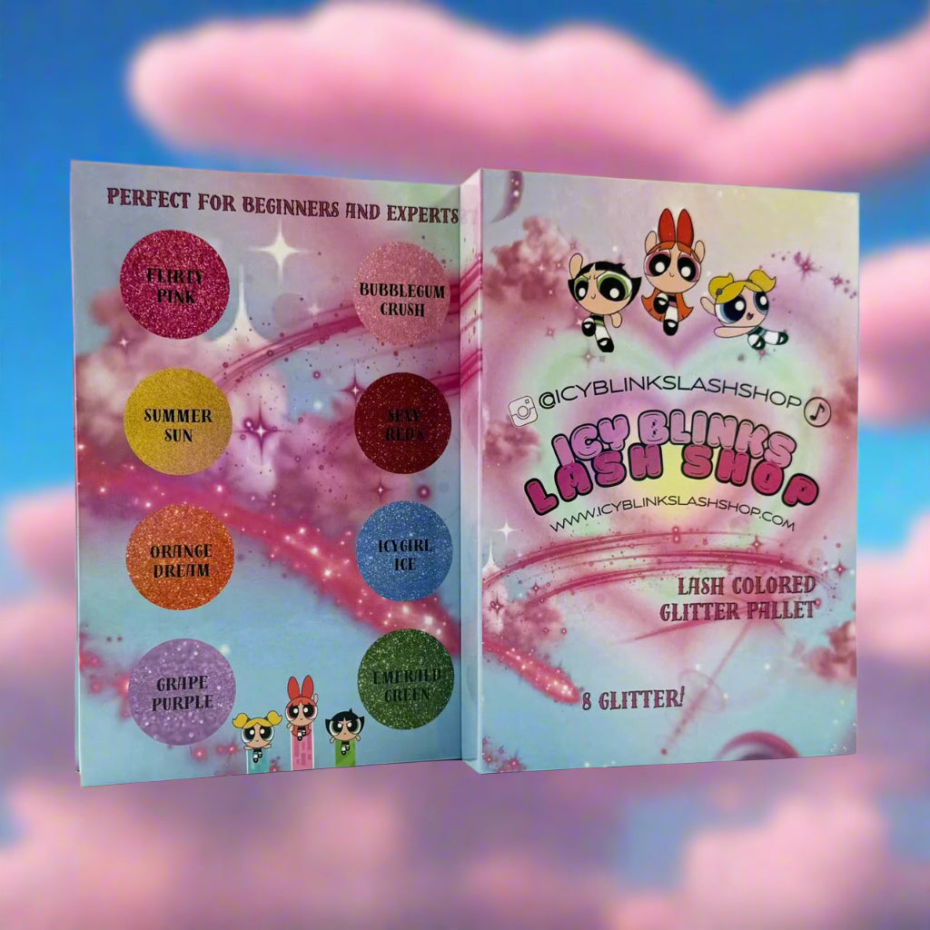 Icy Blinks Lash Shop lash colored glitter pallet packaging with character illustrations and colors included displayed